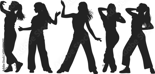 Group of dancing women silhouettes in stylish poses isolated on white background representing music, party, nightlife, energy, performance and modern youth lifestyle