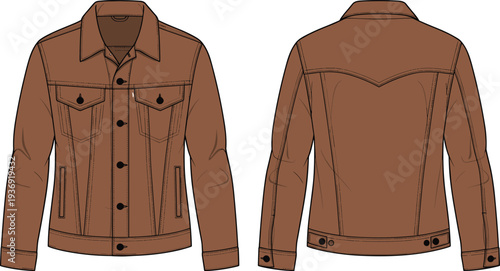 Brown leather jacket mockup front and back view, classic vintage men fashion outerwear design, realistic apparel template illustration