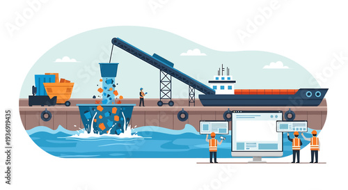 Industrial Port Scene With Cranes Ships and Workers. Vector Illustrations. EPS Editable