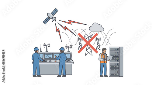 Scientists In Laboratory Responding To Weather Satellite Interference. Vector Illustrations. EPS Editable