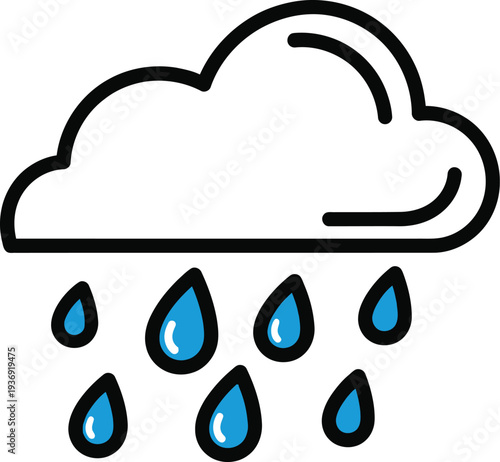 A simple cartoon illustration depicting a fluffy white cloud raining blue droplets, symbolizing weather, precipitation, and the natural water cycle.