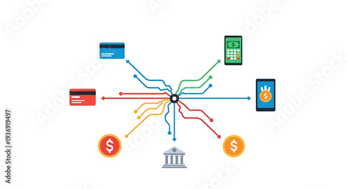 Integrated Technology Network Diagram With Central Hub. Vector Illustrations. EPS Editable