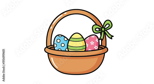 Cute cartoon illustration of a wicker basket holding three brightly decorated Easter eggs tied with a green ribbon