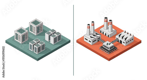 Isometric Industry and Urban Factory Comparison. Vector Illustrations. EPS Editable
