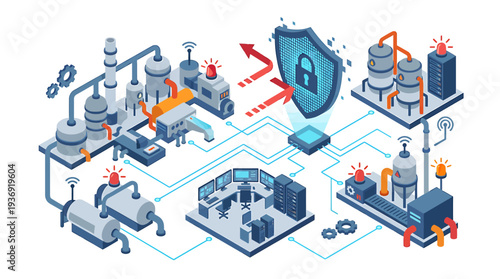 Isometric Industrial Network With Technology and Security. Vector Illustrations. EPS Editable