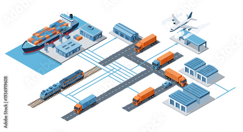 Isometric Logistics Hub with Trains Trucks and Warehouses. Vector Illustrations. EPS Editable