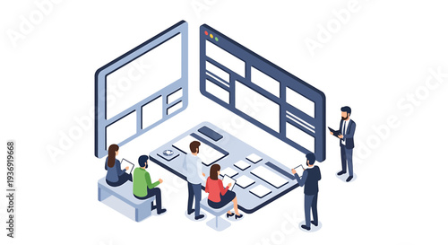 Isometric Team Collaboration Scene With Screens And Whiteboard. Vector Illustrations. EPS Editable