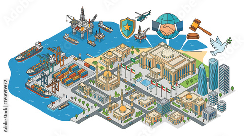 Isometric Urban Planning Dynamic Cityscape Diagram. Vector Illustrations. EPS Editable