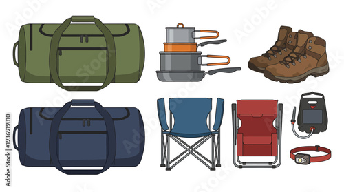 Outdoor Camping Gear Set with Bags Stove Boots and Chairs. Vector Illustrations. EPS Editable