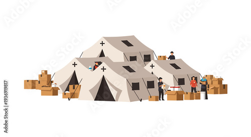 Outdoor Camping Tent Village Scene With People And Crates. Vector Illustrations. EPS Editable