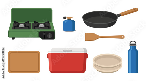Outdoor Camping Kitchen Gear Set with Stove Pan and Utensils. Vector Illustrations. EPS Editable