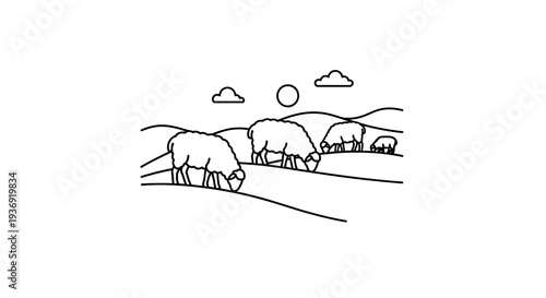 Pasture landscape with grazing cows under a sunny sky. Vector Illustrations. EPS Editable