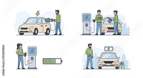 People Charging Electric Cars At Public EV Station In Urban Setting. Vector Illustrations. EPS Editable