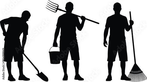 Black and white vector illustration of three gardening workers with shovel, rake, and pitchfork tools, teamwork farming labor agriculture outdoor silhouette design