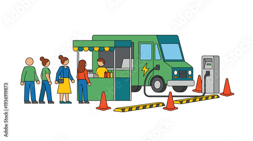 People Waiting in Line at Colorful Mobile Food Truck. Vector Illustrations. EPS Editable