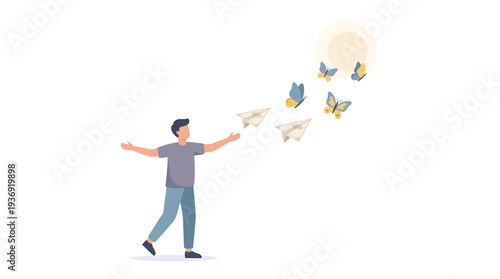 Person Releasing Butterflies from Hands in Bright Scene. Vector Illustrations. EPS Editable