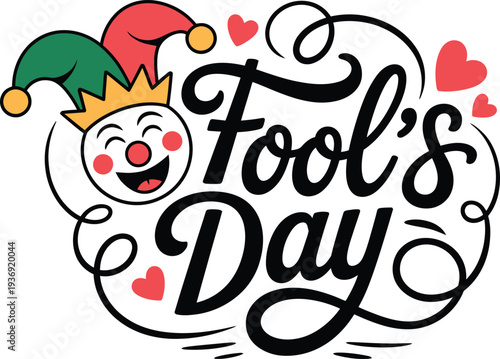 Fool's Day jester character with hearts and lettering