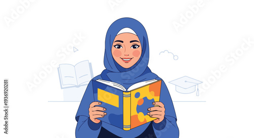 Young Muslim woman in hijab diligently studying books, reading for education and knowledge. Female student focused on learning, surrounded by textbooks and literature.