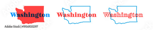 Washington state map silhouette with the state name in retro typography above. Vintage design with overprint colors and bold shapes, perfect for posters, apparel, travel graphics.