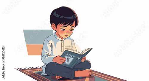 Young Muslim boy sitting cross-legged on a prayer mat, engrossed in reading a holy book, illustration