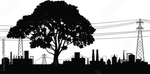 Industrial factory skyline with power lines and large tree silhouette isolated on white background symbolizing environment, industry development, energy infrastructure and nature contrast
