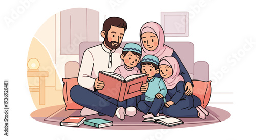 Muslim family enjoying reading a book together at home, father teaching children, cozy indoor scene