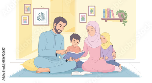 Happy Muslim family bonding at home, father reading storybook to children, mother watching, promoting education and togetherness in a cozy living room.