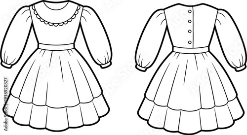 Vintage fashion illustration of long-sleeve puffed dress with tiered skirt, scalloped neckline, and buttoned back closure, showcasing sewing pattern and costume design inspiration