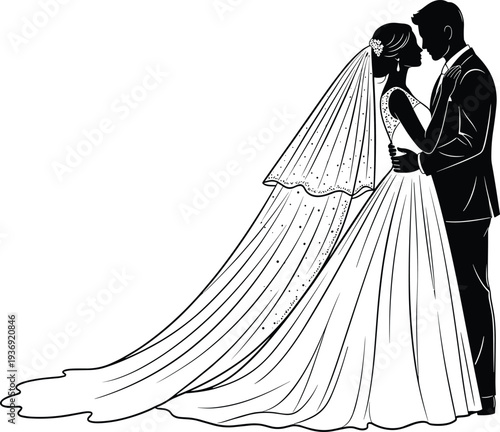 Black and white vector silhouette of bride in gown with veil and groom in suit embracing romantic wedding ceremony couple illustration design