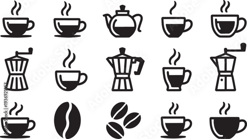 Black coffee on white background coffee cup coffee bean coffee pot tea pot