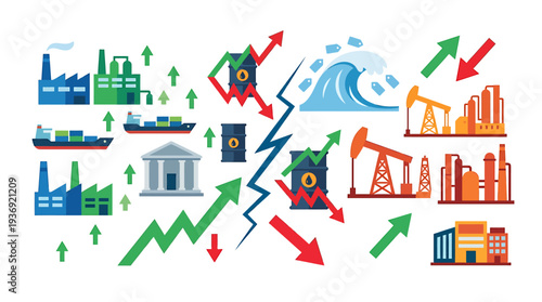 Vibrant Industry Economy Collage with Factories Arrows and Waves. Vector Illustrations. EPS Editable