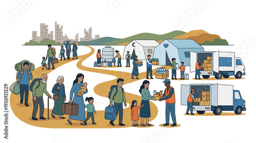 Vibrant Outdoor Market Scene With Diverse People And Vendors. Vector Illustrations. EPS Editable