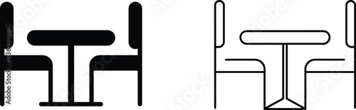 Black silhouette and line art vector illustration of dining booth furniture with table and chairs, showcasing two contrasting design styles for interiors