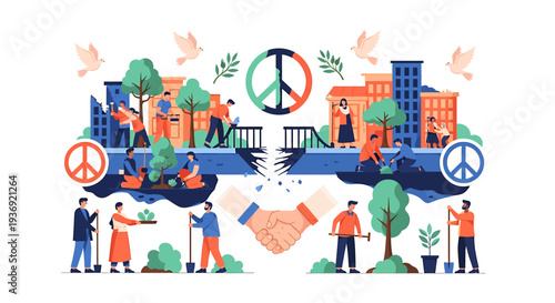 Vibrant Urban Peaceful Collaboration Among Diverse Community. Vector Illustrations. EPS Editable
