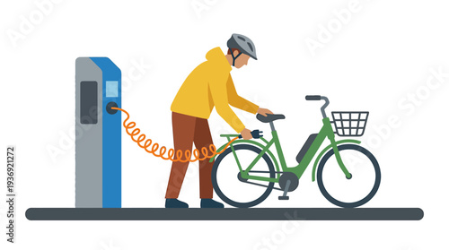 Worker Refueling Green Bicycle at Charging Station. Vector Illustrations. EPS Editable