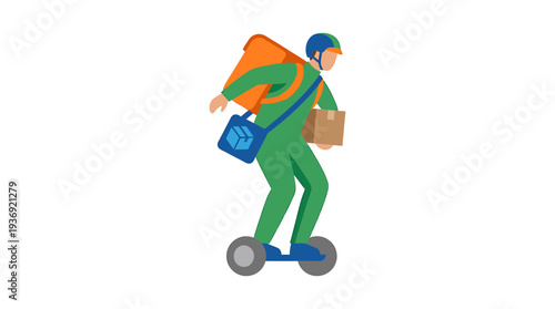 Young Person On Hoverboard With Backpack And Messenger Bag. Vector Illustrations. EPS Editable