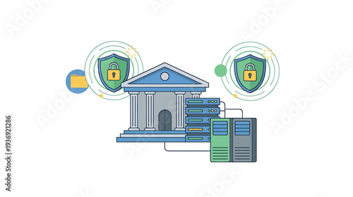Secure Bank Data Center with Shields. Vector Illustrations. EPS Editable