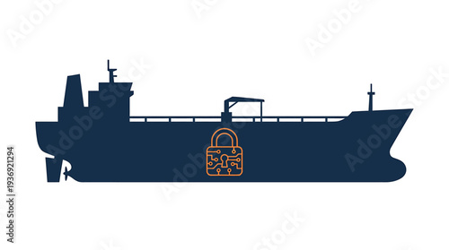 Secure Cargo Vessel Silhouette With Padlock. Vector Illustrations. EPS Editable
