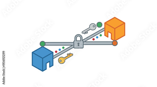 Secure Blockchain Network Connecting Blocks and Keys. Vector Illustrations. EPS Editable