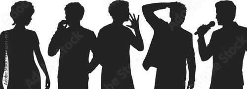 People silhouettes talking and singing with microphone isolated on white background representing communication, entertainment, social interaction and modern lifestyle concept