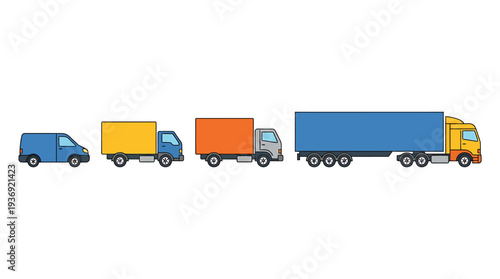 Series of Colorful Trucks Moving in Line. Vector Illustrations. EPS Editable
