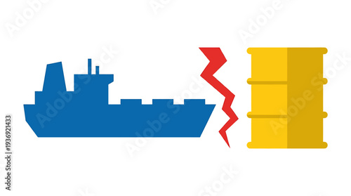 Shipping Ship and Cracked Oil Barrel Hazard Scene. Vector Illustrations. EPS Editable