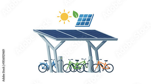 Solar Powered Bicycle Shelter With Solar Panels And Bikes. Vector Illustrations. EPS Editable