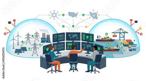 Smart Energy Command Center Monitoring Renewable Power Grids. Vector Illustrations. EPS Editable