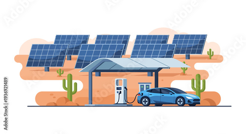 Solar Rooftop Panels Power Eco Friendly Car Charging Station. Vector Illustrations. EPS Editable