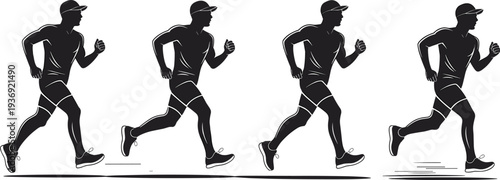 Running man silhouette sequence showing jogging motion stages isolated on white background representing fitness training, marathon exercise and healthy lifestyle activity