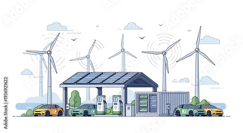 Sustainable Wind Farm Service Station with Modern Building and Vehicles. Vector Illustrations. EPS Editable