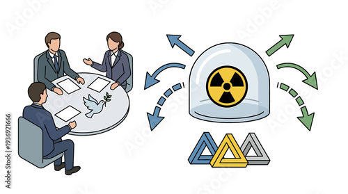 Team Meeting Discussing Radiation Safety Concepts and Hazard Symbols. Vector Illustrations. EPS Editable