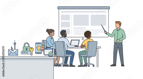 Team Meeting in Modern Office with Presenter and Slide Screen. Vector Illustrations. EPS Editable