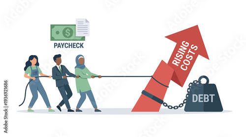 Team Struggles Against Escalating Debt and Rising Costs Illustration. Vector Illustrations. EPS Editable